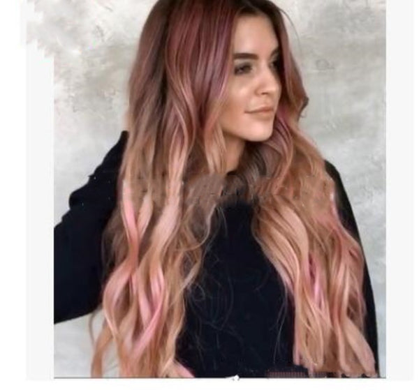 Brown Pink Big Wave Long Curly Hair Cross Border Women\'s Wigs Cosplay Party Wigs