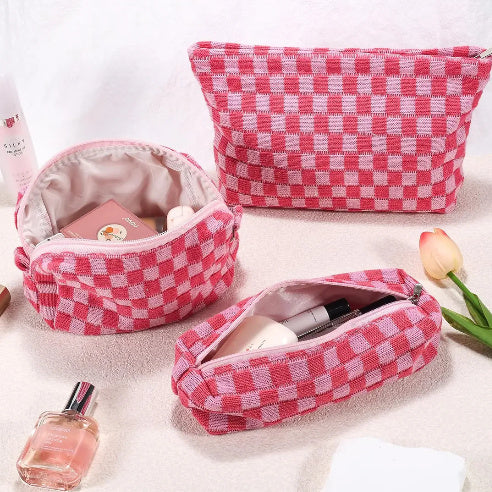 Large Wool Chessboard Cosmetic Bag | Knitted Washable Bag